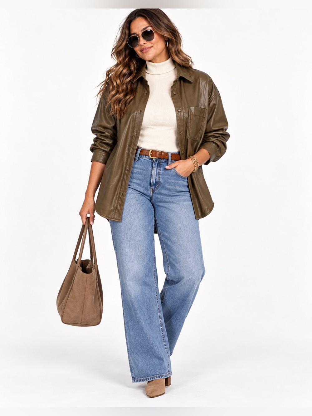 Vegan Leather Button-Up Shirt Jacket - Army
